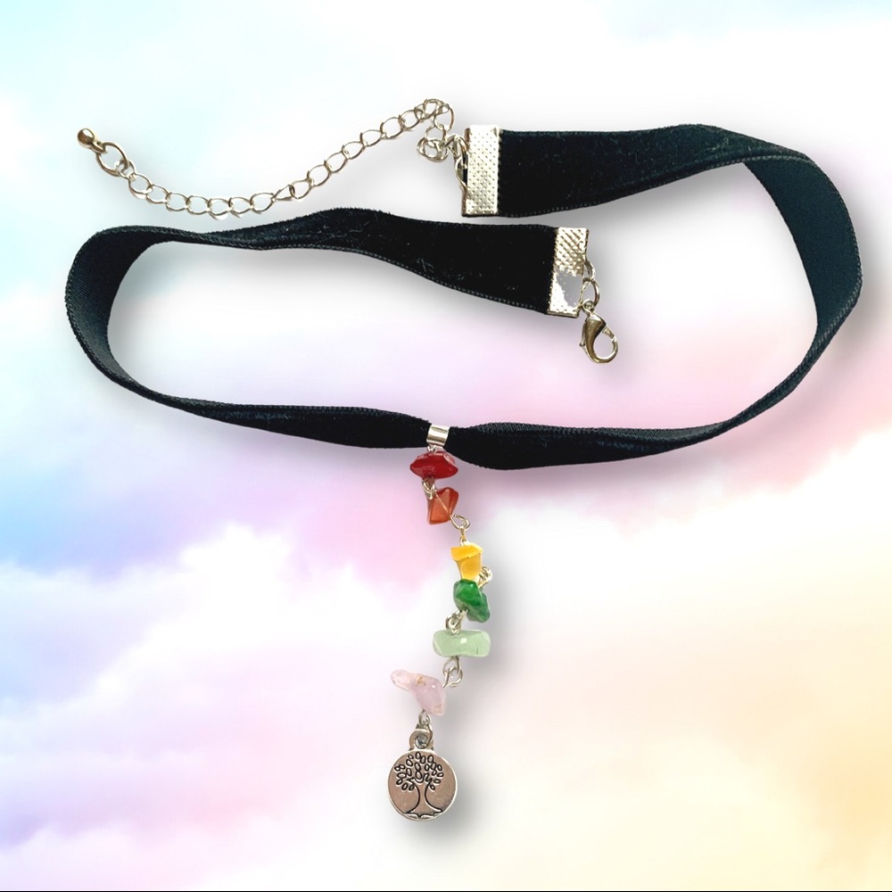 ⭐️ Tree of Life Chakra Thick Black Velvet Choker Crystal Pendant Necklace